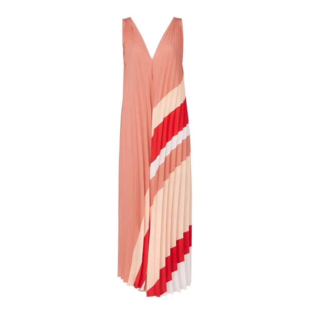 Tome Collective Dress 4 S Pleated Sleeveless Swing Stripe Maxi Pink Red V Neck - Picture 8 of 8